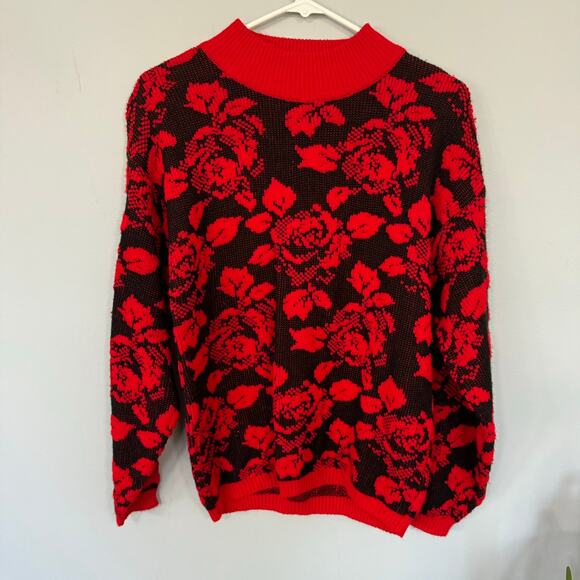 Vintage Rainbow Ridge Pixelated Floral Rose Sweater Size Medium Red & Black - Picture 1 of 5